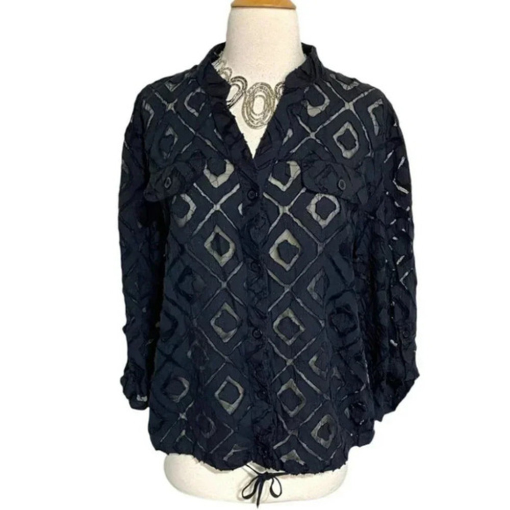 Alfred Dunner Button Down Shirt 14 Black Geometric Eyelet Ruffleβ 3/4 Sleeve